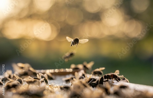 Europena honey bees feeding on the honey comb on the sunset colored golden background. photo