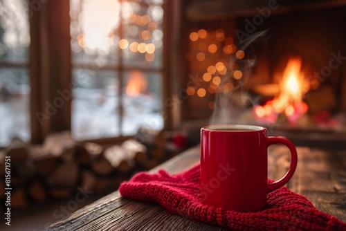 Cup of hot tea or coffee near the fireplace for New Year or Christmas