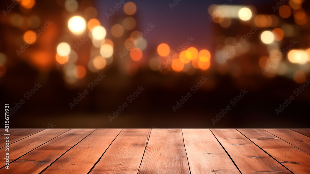 Product display empty wooden table in front of night city light abstract blurred background Product display empty wooden table in front of night city light abstract blurred background