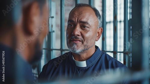 A prison chaplain speaking with an inmate through the bars, offering spiritual guidance and support photo
