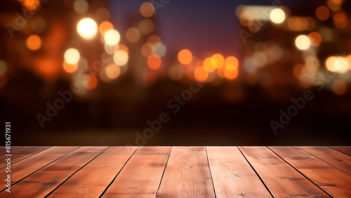 Product display empty wooden table in front of night city light abstract blurred background