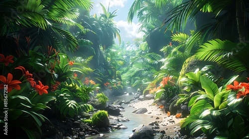 Journey into the depths of a virtual jungle with a breathtaking view of lush foliage and exotic wildlife  each leaf and creature rendered with lifelike detail.
