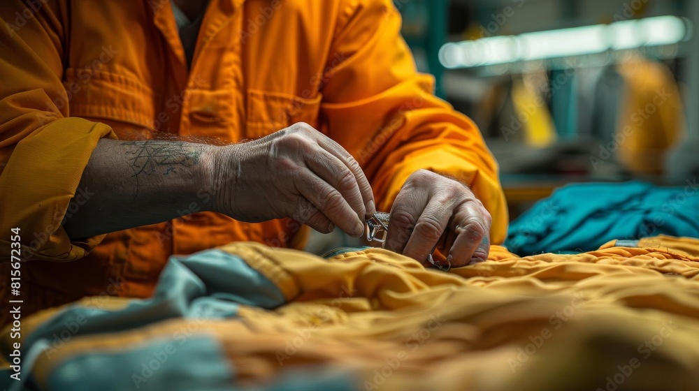 Closeup of an inmate s hands repairing clothing, using skills learned in vocational training Closeup of an inmate s hands repairing clothing, using skills learned in vocational training