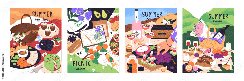Fototapeta premium Vertical postcards of summer picnic set. Food, drinks, fruits, basket on blanket in park posters. Eating in nature on vacation. Romantic date, breakfast, cute meal outdoors. Flat vector illustrations