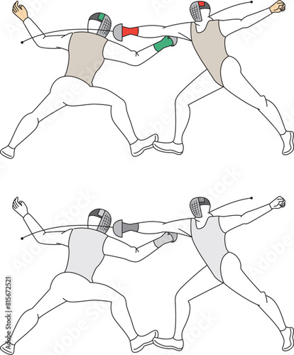 フェンシングをしているアスリートのイラストセット／Illustration set of athletes doing fencing