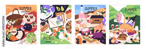 Vertical postcards of summer picnic set. Food, drinks, fruits, basket on blanket in park posters. Eating in nature on vacation. Romantic date, breakfast, cute meal outdoors. Flat vector illustrations