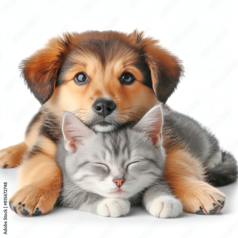 Obraz premium Cute young dog and cat cuddling while sleeping Isolated on white background