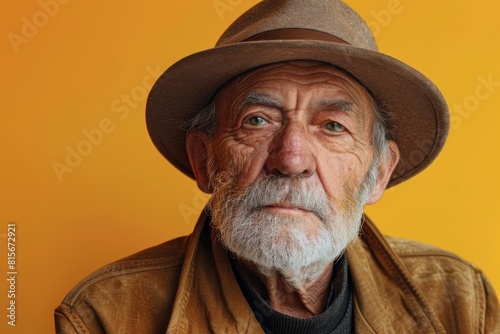 Elderly man in a classic fedora looking thoughtful, with a minimalist yellow background emphasizing his expression