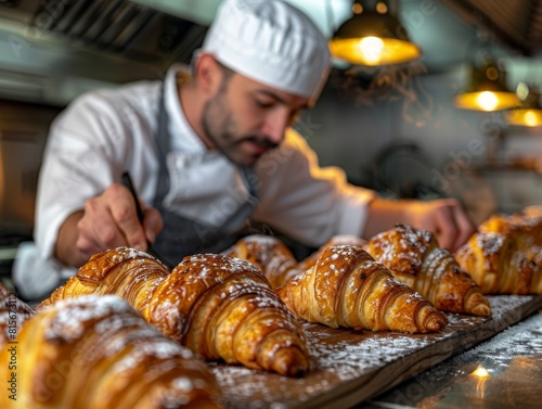 Bakery chef professionally cooking baked croissant in kitchen   Professional Pastry Chef Preparing Croissant Baking in Commercial Kitchen. Baker Cooking Delicious Flaky Buttery Layered Bread Pastry with