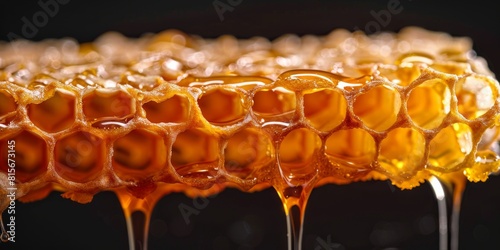 Macro shot of golden honey slowly dripping from a honeycomb, showcasing the natural beauty and texture of fresh honey against a dark background.