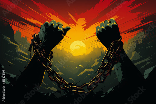 Hands of African man chained, symbolizing freedom on Juneteenth. Creative illustration.