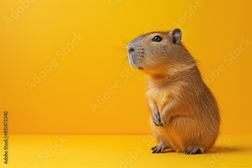 Capybara on a yellow background. Copy space for text