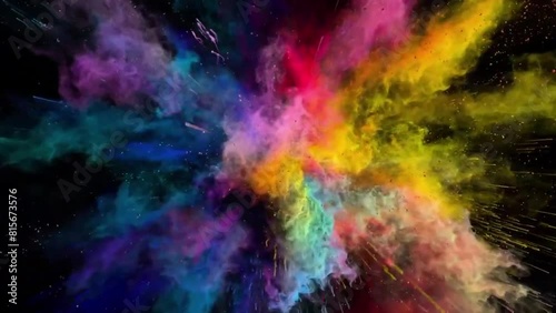 Cg animation of color powder explosion on black background. Slow motion movement with acceleration in the beginning. Has alpha matte photo
