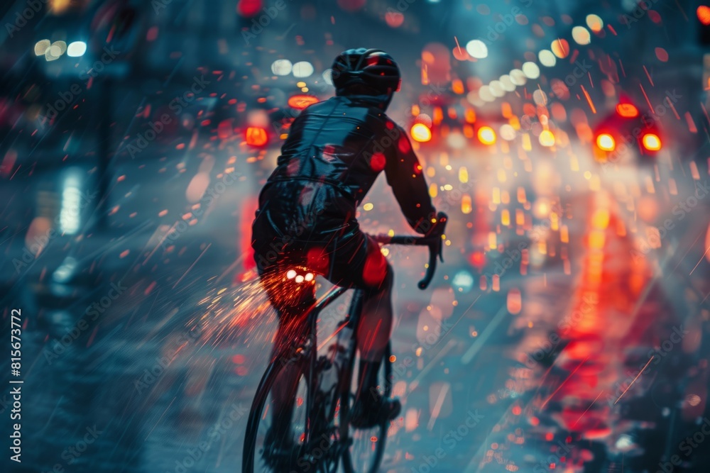 Fototapeta premium Silhouette of a road cyclist on a rainy day