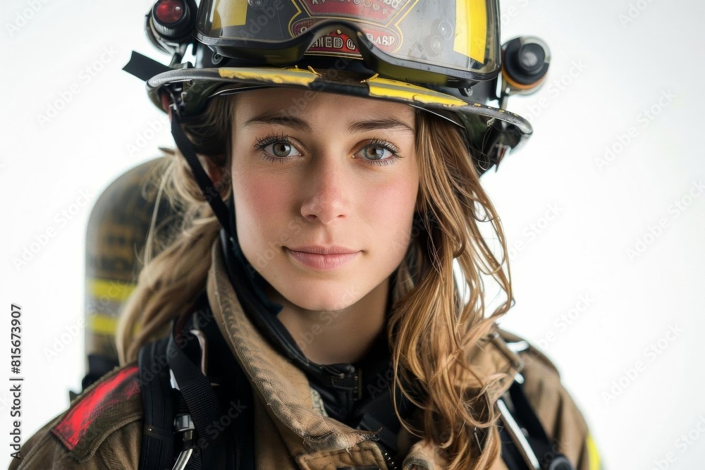 Female firefighter in gear, symbolizing bravery and service, isolated on a white background Female firefighter in gear, symbolizing bravery and service, isolated on a white background