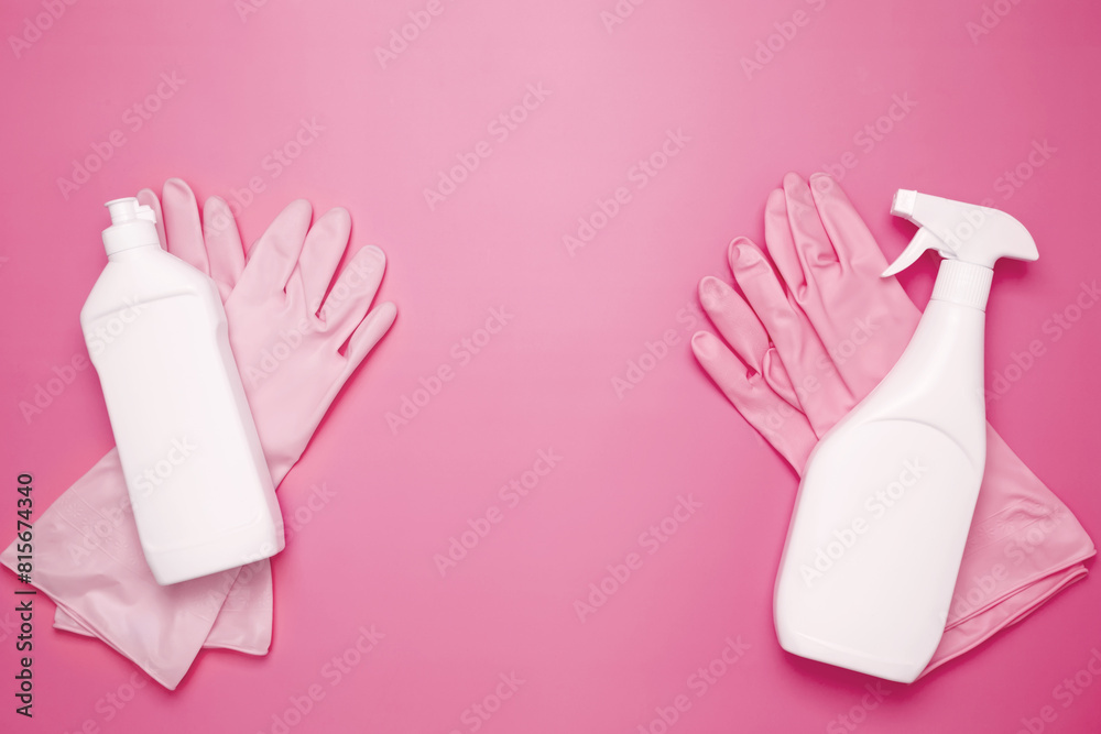 Various accessories cleaning products, sprays, and rubber glove. Top view, flat lay, copy space