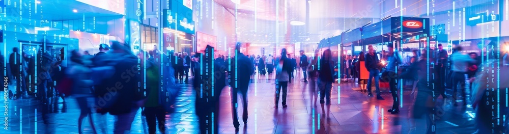 IT congress hustle and bustle, focus on a big demo booth in the centre of the picture, IT security, Developer, Recruiting, Innovations, blue light, binary code, long exposure captures blurred movement IT congress hustle and bustle, focus on a big demo booth in the centre of the picture, IT security, Developer, Recruiting, Innovations, blue light, binary code, long exposure captures blurred movement