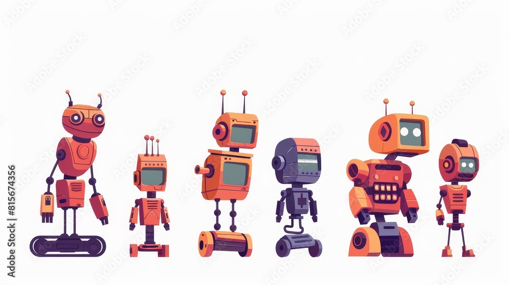 Evolution of robots from primitive tracked droids to humanoid cybernetics, cartoon modern illustration isolated on white background. Development of robots from primitive tracked droids to humanoid Evolution of robots from primitive tracked droids to humanoid cybernetics, cartoon modern illustration isolated on white background. Development of robots from primitive tracked droids to humanoid