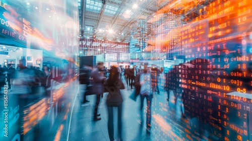 IT congress hustle and bustle, focus on a big demo booth in the centre of the picture, IT security, Developer, Recruiting, Innovations, blue light, binary code, long exposure captures blurred movement