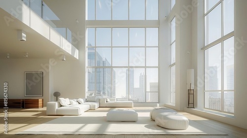 Highceilinged minimalist living room with large, unadorned windows and a simple color scheme photo