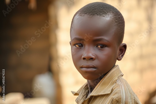 Close-up of a young boy with a contemplative expression against a blurred background