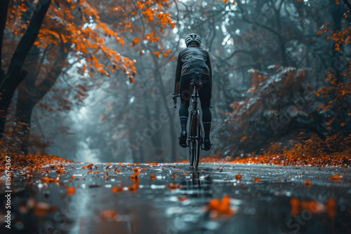 Road cyclist in motion on a wet road on a rainy day