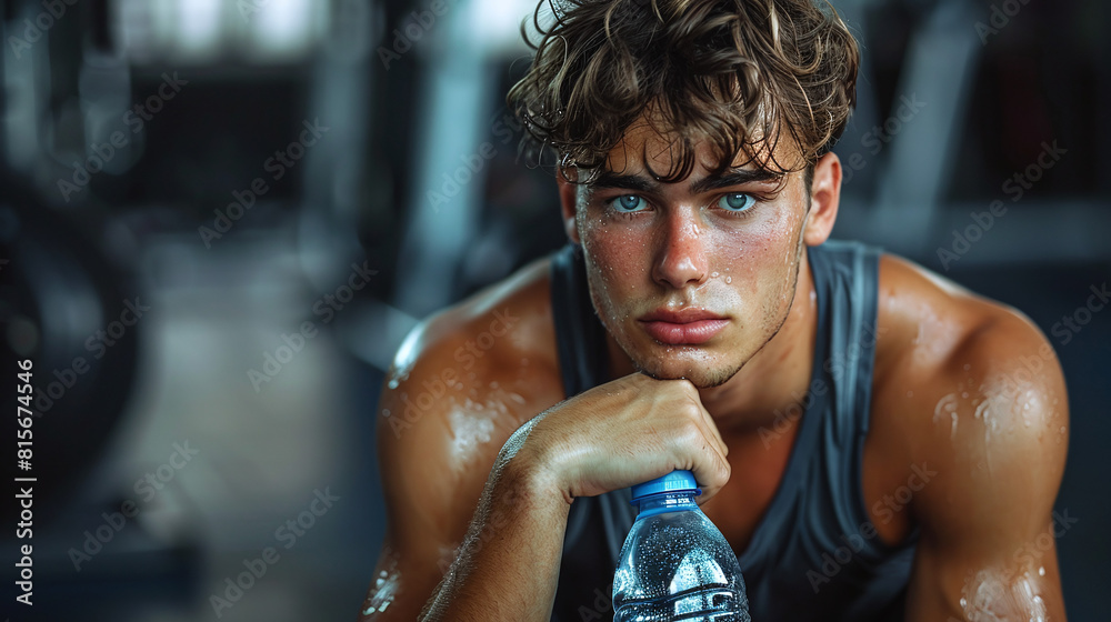 Tired male athlete with bottle of water in the gym Tired male athlete with bottle of water in the gym