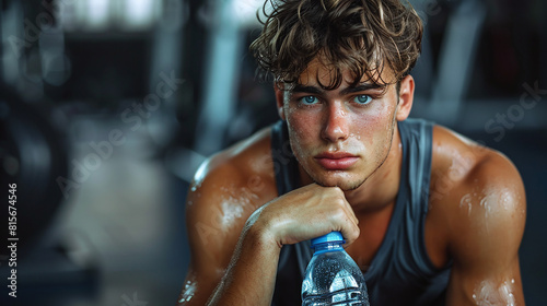 Tired male athlete with bottle of water in the gym © Ruslan