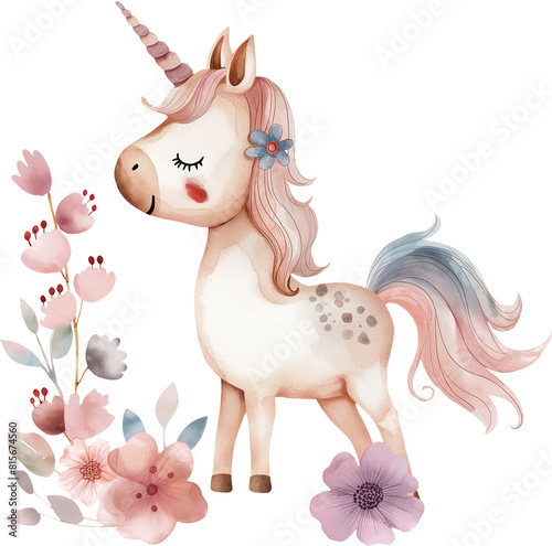 Cute unicorn and floral watercolor