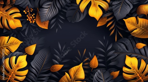 The tropical leaves on a dark background are black and gold in colour. This modern poster is suitable for invitations, greeting cards, or sales banners with the exotic rainforest leaves and black and