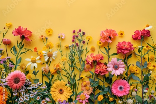 Greeting card from different flowers on a yellow background