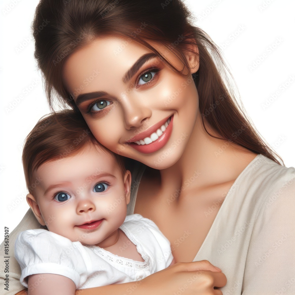 Portrait of a smiling loving mother with a cute happy baby Isolated on white background Portrait of a smiling loving mother with a cute happy baby Isolated on white background