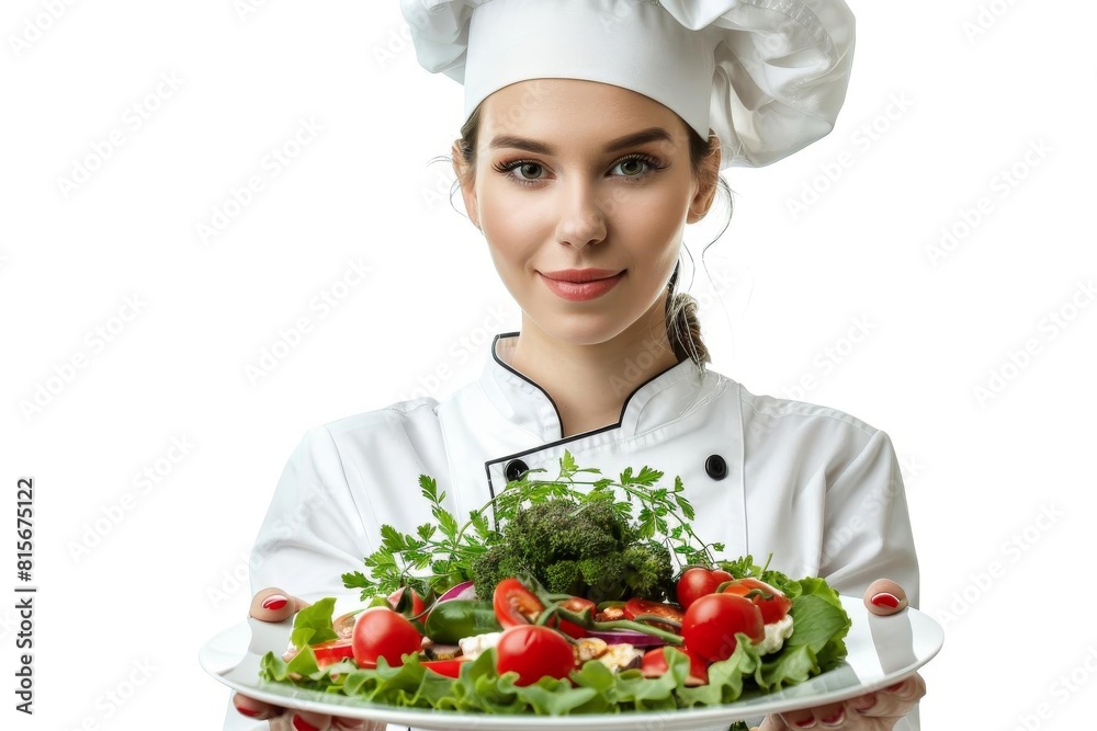 Female chef in a white uniform holding a plate of gourmet food, isolated on a white background Female chef in a white uniform holding a plate of gourmet food, isolated on a white background