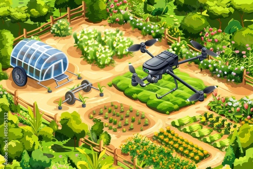 Vibrant automated farm management benefits from the integration of drone technology and agricultural sprayers, showcased in isometric crop illustrations