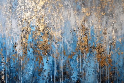 The abstract picture of the gold  blue and black colour that has been painted or splashed on the white blank background wallpaper to form random shape that cannot be describe yet beautiful. AIGX01.