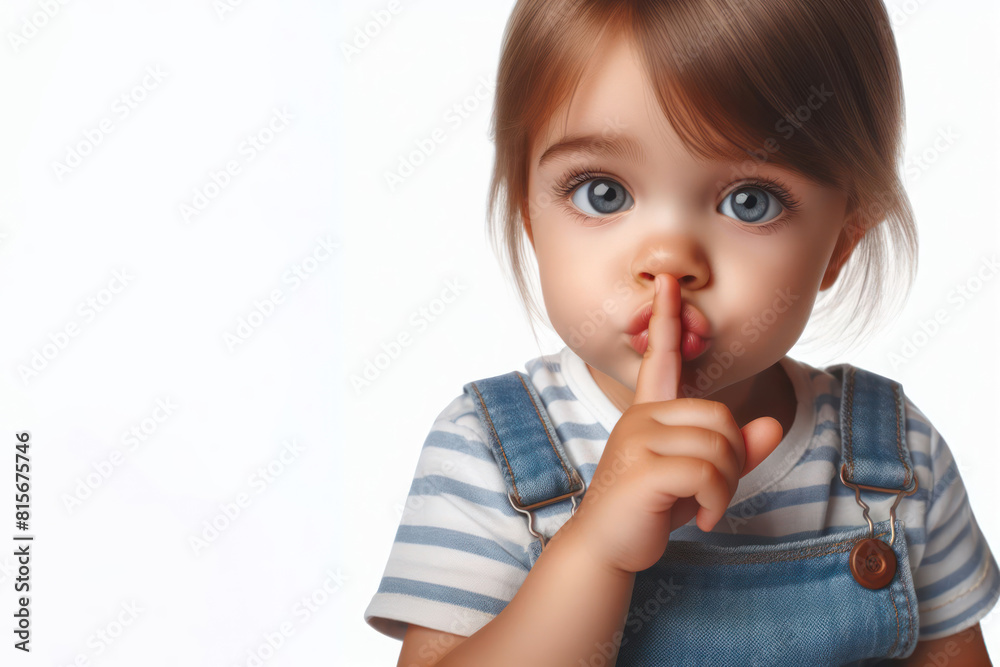 baby gesturing asking for silence presses his finger to his lips and demands to close his mouth Isolated baby gesturing asking for silence presses his finger to his lips and demands to close his mouth Isolated