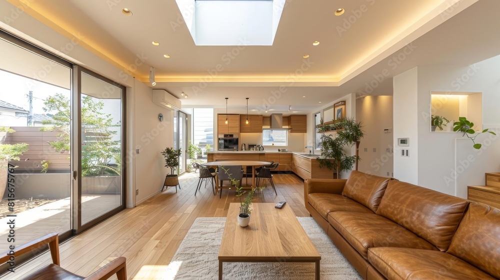 Fototapeta premium Openplan living room that blends seamlessly with the kitchen, using a minimalist design to unite both spaces