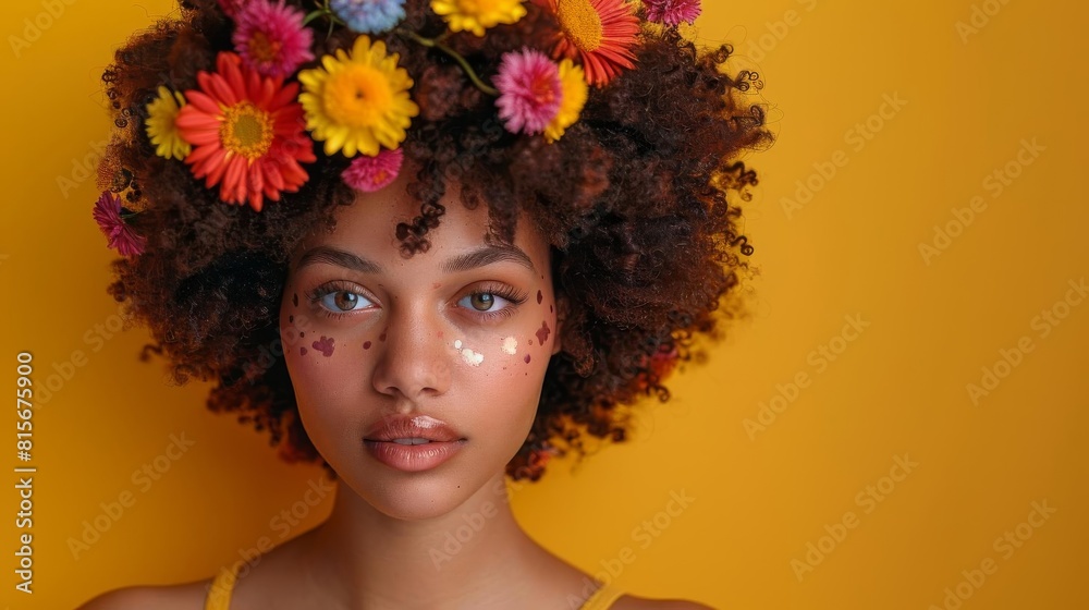 Portrait of a woman with an afro hairstyle, featuring colorful hair accessories against a lively yellow background Portrait of a woman with an afro hairstyle, featuring colorful hair accessories against a lively yellow background