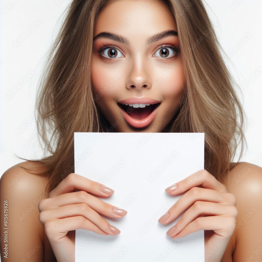 Close up A beautiful young woman holding a white sheet of paper in her hands with a surprised expression Close up A beautiful young woman holding a white sheet of paper in her hands with a surprised expression