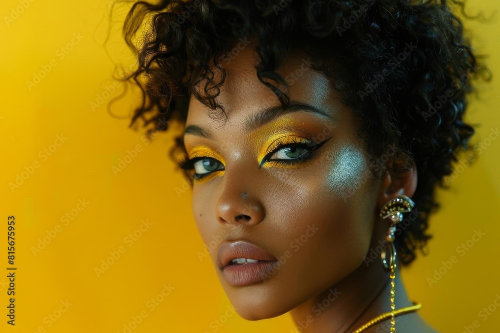 Portrait of a woman with dramatic makeup and bold jewelry, highlighted against a simple yellow backdrop Portrait of a woman with dramatic makeup and bold jewelry, highlighted against a simple yellow backdrop