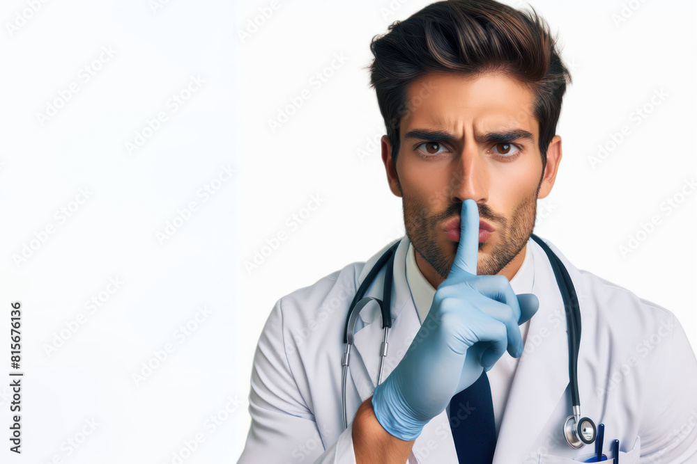 doctor gesturing asking for silence presses his finger to his lips and demands to close his mouth Isolated