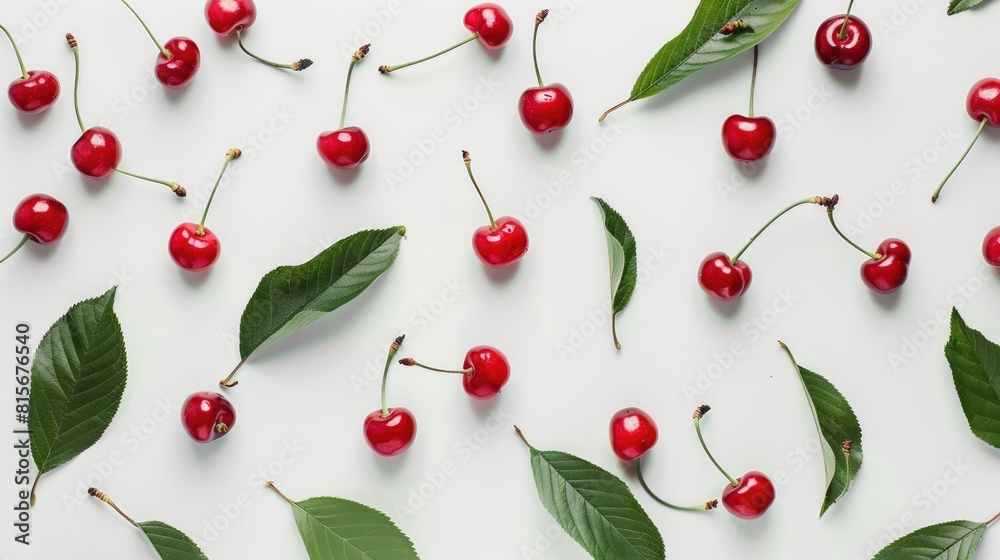 Close up image of cherries with leaves and stems on a white background Close up image of cherries with leaves and stems on a white background