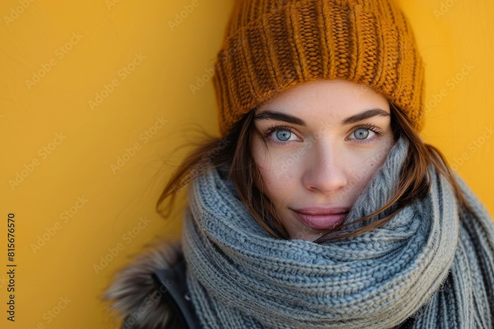 Woman in winter attire, including a beanie and scarf, looking cozy against a contrasting yellow background
