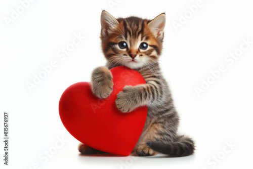 tabby kitten hugging a red heart Isolated on white background