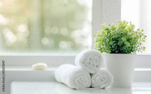 Tranquil Bathroom Setting with Towels and Plant