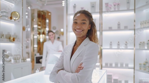 Free Download smiling women employee in white make up studio with hidden hands in luxury boutique, light premium background - GFXLoad