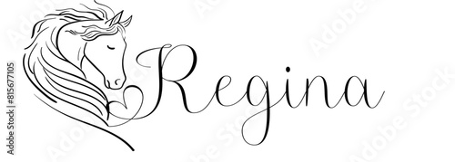 Regina - black color - name written - vector graphics with stylized horse with heart - for websites, greetings, banners, cards,tag, t-shirt, sweatshirt, prints, cricut, silhouette,