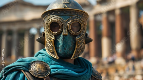 alternate history roman empire soldier in a green cloak and respirator face mask.  photo