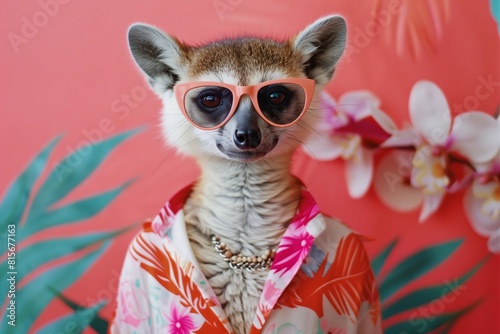 Stylish Lemur in Sunglasses and Floral Shirt