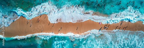 Aerial view of coastline with swimmers. Summer beach banner. Top view of people in the water.